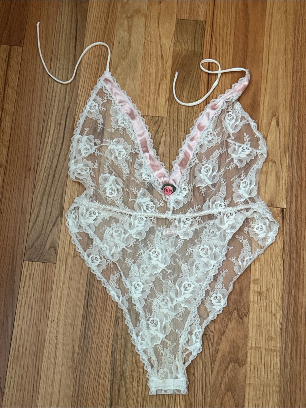 Sheer Floral Lace Teddy - White with Pink Trim OS